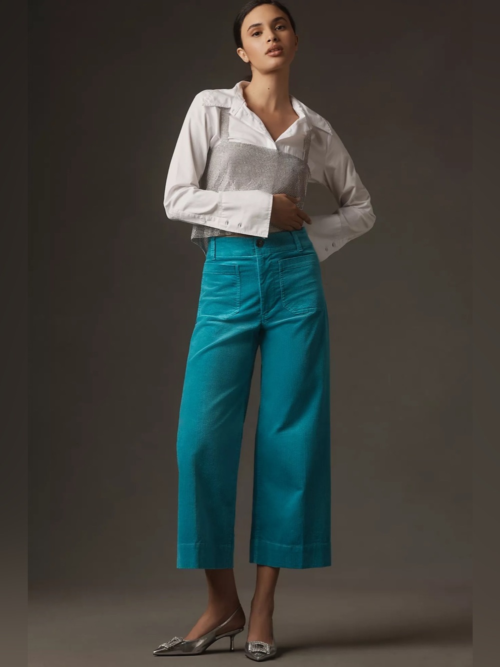 SALE Anthropologie Maeve Colette Cropped Wide Leg Corduroy Pants Turquoise 29 - Picture 8 of 10